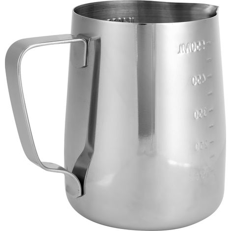 Pichet à mousser le lait en acier inoxydable pour café latte, avec graduation double face, 600 ml. Idéal pour épaissir le lait et réaliser des lattes artistiques. (1/5)