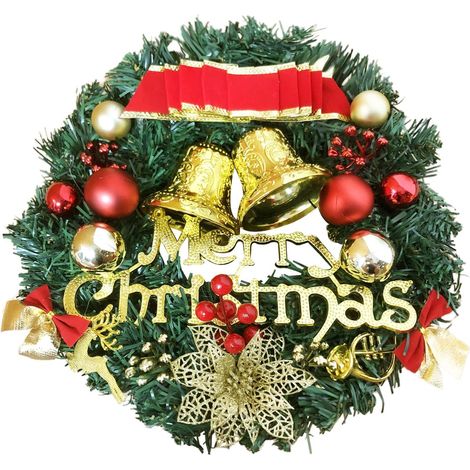 Couronne de Noel Porte 30 cm Couronne Fleurs Artificielle Suspendues Décoration Noel avec Merry Christmas Bowknot Jingle pour Cadre de cheminée Murale (1/5)