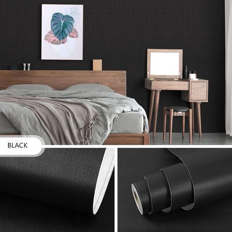 Papier Peint Noir Uni Papier Peint Adhésif Mural Décoratif Étanche Amovible Autocollant Rouleau Film Adhésif pour meuble Cuisine Salon Comptoir Armoire Étagère Table de Chevet de 45CM10M