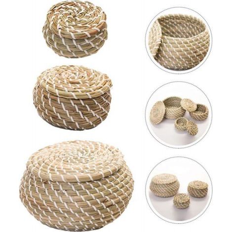 Lot de 3 Paniers de rangement, Tissés en jonc de mer, Avec couvercle, Osier naturel, Pour linge et pique-nique (1/3)
