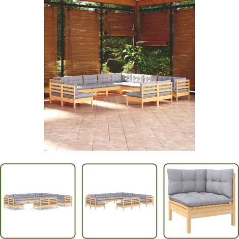 Terrassensofa - 13-tlg. Garten-Lounge-Set mit Grauen Kissen Massivholz Kiefer (1/5)