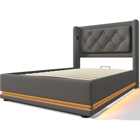 Letto contenitore imbottito 90x200 cm grigio con LED, USB-C, testiera e materasso (1/5)