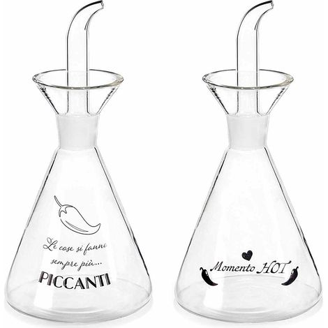Oliere a cono di vetro con tappo dosatore con decoro peperoncino e scritte, set da 4 pezzi, Ø 9 cm x 18,5 H