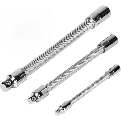 Jeu de 3 rallonges flexibles en acier avec ressort pour douilles de 1/4, 3/8 et 1/2 pouce, 50 Nm, 120 Nm et 200 Nm, pliables à 45°, pour la réparation et l'entretien automobile. (1/5)
