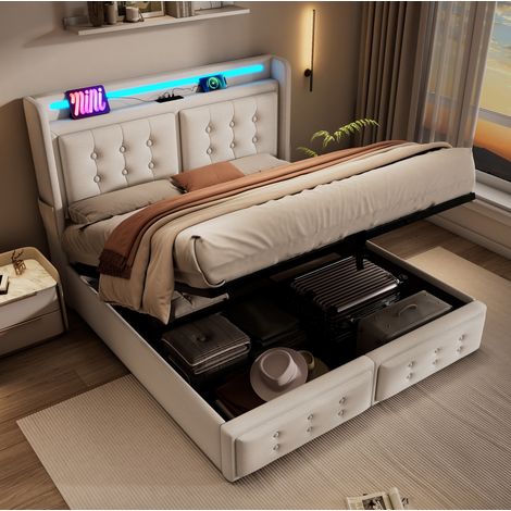 Lit coffre 140x200 LED beige coton-lin USB Type C OKMYHOME (1/5)