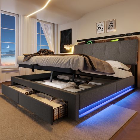 DESVIAE Lit coffre rembourré 140 x 200 cm avec rangement hydraulique LED USB et USB C tête de lit avec étagères et tiroirs en lin gris (1/5)