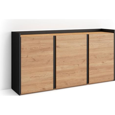 Skraut Home - Credenza, Mobile, Cucina, Madia, mobile ingresso, 156x35x80cm, 3 Porte, LED, Stile moderno, Rovere e nero (1/5)