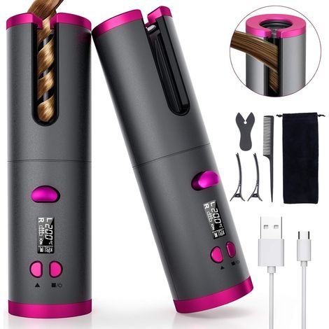 Boucleur automatique sans fil, fer à friser céramique avec écran LCD, température et minuterie réglables, rouleau rotatif pour cheveux courts, mi-longs et longs. (1/5)