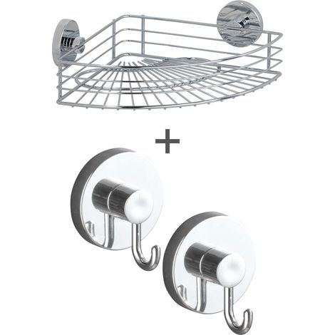 Etagère de douche WENKO Vacuum-Loc sans perçage chromée 3 pièces étagère d'angle et crochet salle de bain fixation sans perçage accessoires de douche sans perçage et porte-serviettes sans perçage