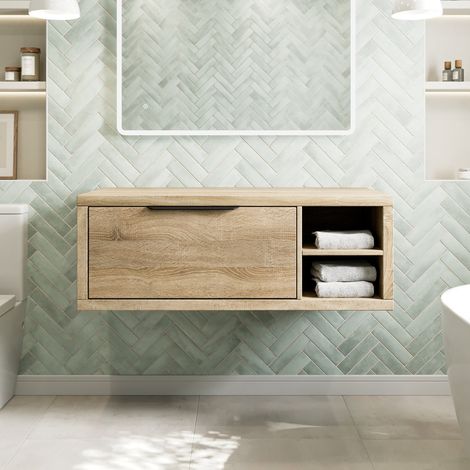 1100mm Bathroom Vanity Unit Countertop Wall Hung With Shelves Black Handle Oak Wood No Basin - RH Shelves (1/4)