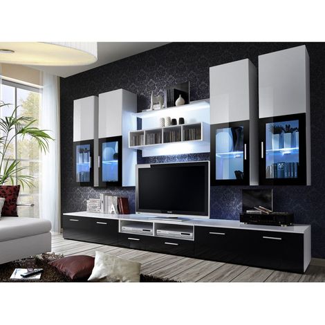 Ensemble meuble TV mural - LYRA - 300 cm x 190 cm x 45 cm - Blanc et noir - Livraison gratuite