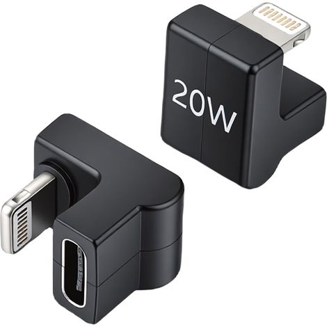 Lot de 2 adaptateurs coudés USB C vers Lightning - 9 V - 2,2 A - 180 ° - Avec charge rapide de 20 W - Connecteur Lightning vers prise de type C - Adaptateur coudé en forme de U (1/5)