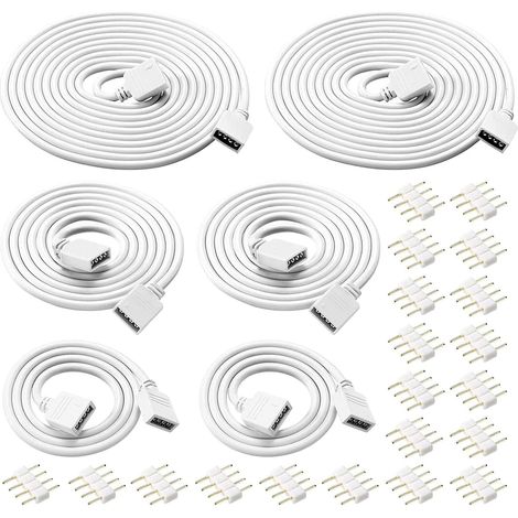 6pcs 0,5m/1m/2m Câble d'extension Bande LED RGB Rallonge de Ruban LED Extension Cable 4 Broches Extenseur Câble Stripe LED Connector, Connecteur pour SMD 5050 3528 2835 RGB LED Strip, Blanc (1/5)