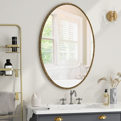 Miroir mural ovale 100x65 cm en verre et fer doré, style rétro moderne pour salle de bain FloraGrace (1/5)