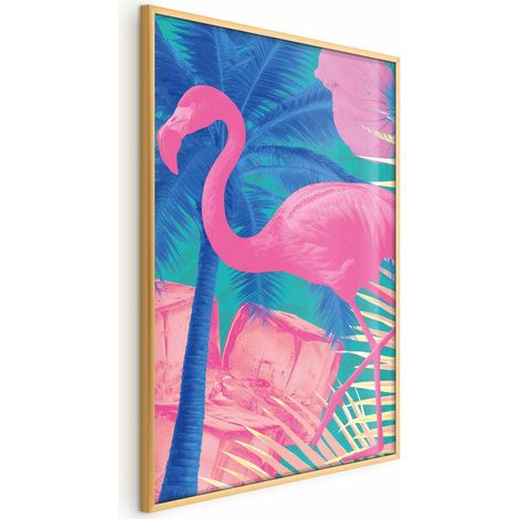 Poster – Rosa Flamingo – Abstrakter Flamingo vor einem Hintergrund aus Palmen und Eiswürfeln (1/4)