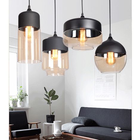 Axhup – Lot de 4 lustres suspension en verre noir et ambre E27 – Dimensions Ø25x22,5cm, Ø20x22,5cm, Ø13x33,5cm, Ø18x31cm – Longueur câble 100cm (1/5)