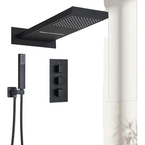 Ensemble de robinet de douche, vanne mélangeuse thermostatique, design monté au mur, Noir Mat A (1/2)