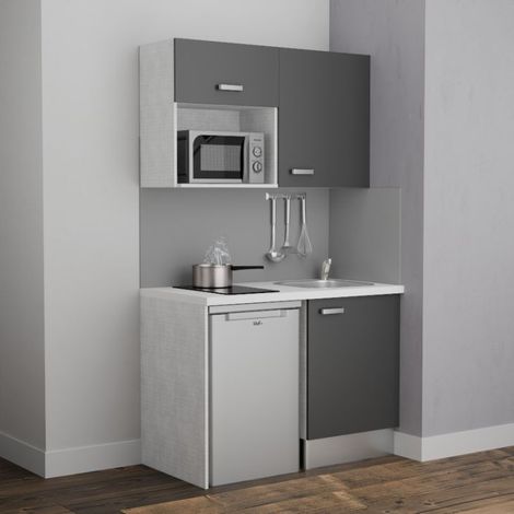 Kitchenette K07L-PT - 120 cm avec plan de travail et évier - Façade Gris - Plan Blanc - Crédences Non