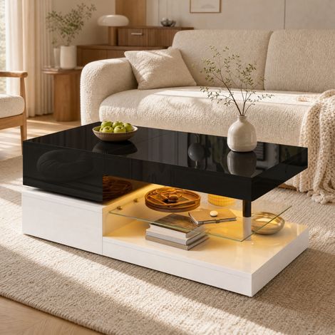 LED Couchtisch mit APP/Bluetooth, Glasablage, schwarz-weiß, 90 x 45 x 35,5 cm HAVRYA (1/5)