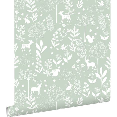 papier peint forêt avec des animaux de la forêt vert menthe - ESTAhome
