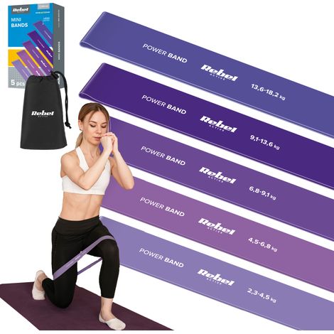 Set di 5 elastici per allenamento, riabilitazione e fitness, marca Rebel. (1/5)