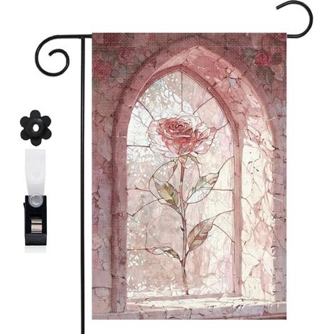 Drapeau de jardin vitrail et rose rouge romantique 30 x 45 cm décoration extérieure jardin (1/5)