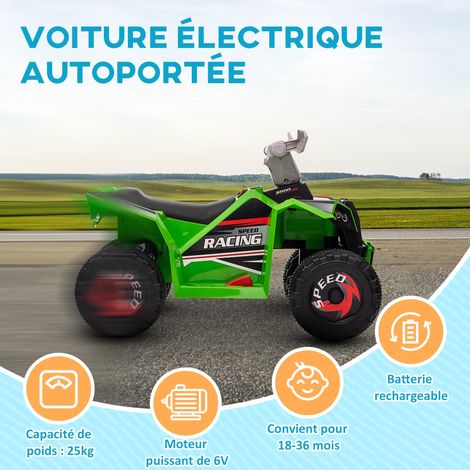 Moto électrique pour enfants à quatre roues, alimentée par une batterie 6V, avec vitesses avant et arrière, dimensions : 70 cm (L) x 41,5 cm (l) x 48,5 cm (H), verte. (1/5)