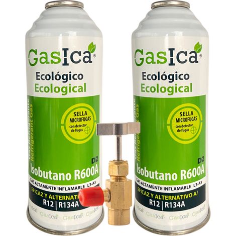 Pack 2 Gasica D2 226g  Sustituto R134a R12  Sella Fugas y Trazador Verde  Gas Ecológico HC  Incluye Válvulas