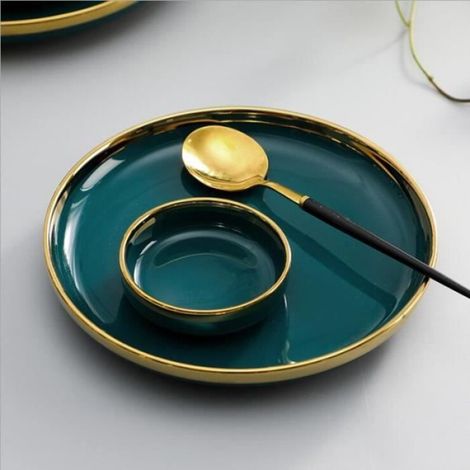 Plats et assiettes,Assiette en céramique verte à bord doré,vaisselle en porcelaine haut de gamme - Type 7 inch Shallow plate