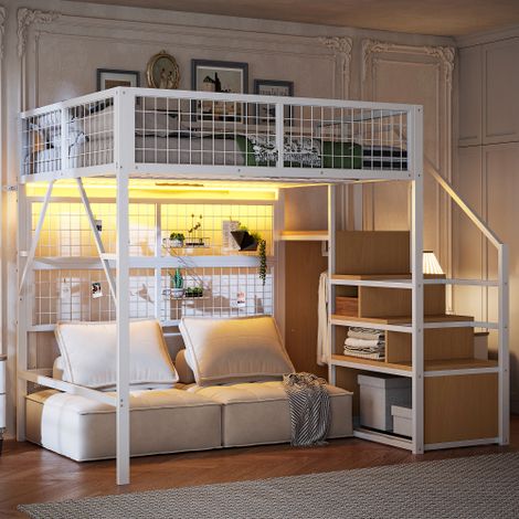 Lit mezzanine 140x200 cm, lit adulte avec LED, escalier avec rangement et armoire ouverte, en métal, blanc, sans matelas (1/5)