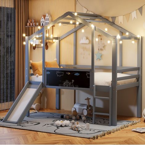 Cama infantil alta con tobogán madera 90x200 gris OKMYHOME (1/5)