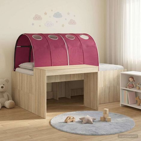 Lit enfant avec tunnel et bureau intégré 3 pièces en bois d’ingénierie chêne et rouge - PANGIVO (1/5)