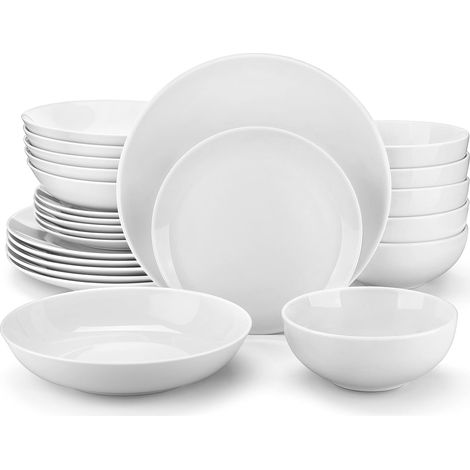 Service de Table Service de Vaisselle Rond en Porcelaine Blanc – Assiettes Plates, Assiettes à Dessert, Assiettes Creuses, Bols à Céréales, Adapté au Micro-Ondes (1/5)