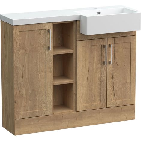 Pirehill Traditional Floor Standing Compact 3 Door Combination Vanity Unit with Shelves and Basin, Right Hand, 1000mm, Autumn Oak