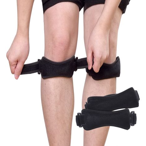 Set mit 2 schwarzen Knieorthesen für die Patellasehne, verstellbare Orthese, Linderung von Knieschmerzen, Unterstützung beim Gewichtheben, Laufen und Training.