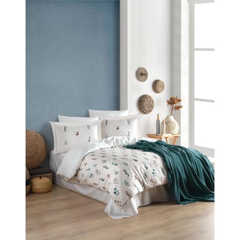 Parure de lit Simple XXL 100% Coton, Housse de Couette de 155 x 220 cm et taie d'oreiller de 80 x 80 cm, Lavable en Machine, Blanc et Vert, 145 Fils