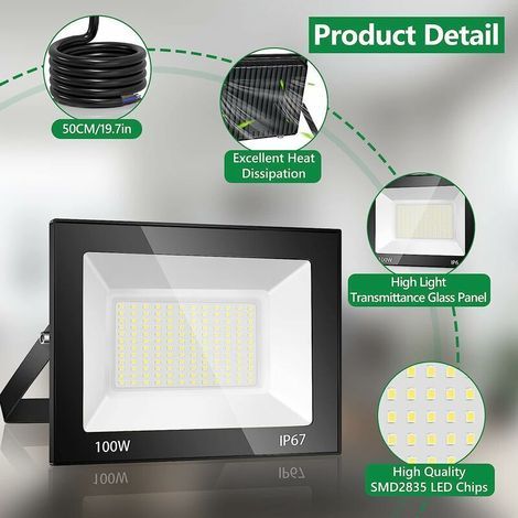 Projecteur LED Extérieur 100W 10000LM Blanc Froid 7000K IP67 Imperméable Éclairage Sécurité Jardin Terrasse Garage (1/4)
