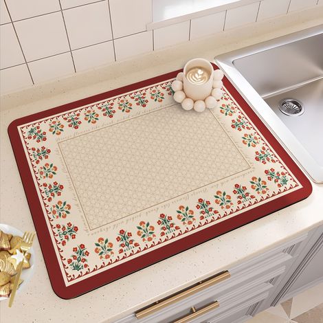Tapis absorbant et antidérapant pour cuisine – Tapis d’égouttage isolant pour plan de travail, résistant à la saleté et facile à nettoyer – Modèle floral carré 50 × 80 cm-lsw