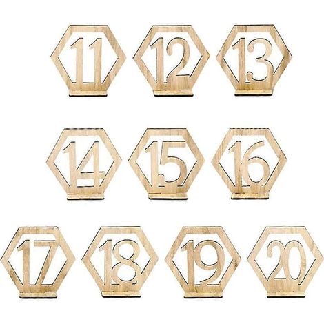Set aus 10 sechseckigen dekorativen Holztafeln mit den Zahlen 10 bis 20. (1/5)