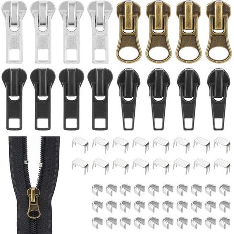 Kit di riparazione cerniere da 57 pezzi - Kit di riparazione facile per cerniere di giacche, borse e zaini - Nero e argento (1/5)