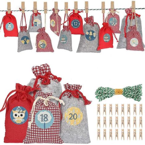 Calendrier de l'Avent pour remplir un sac en toile de jute, kit de bricolage pour sac cadeau de Noël, autocollants numérotés de 1 à 24 (1/5)