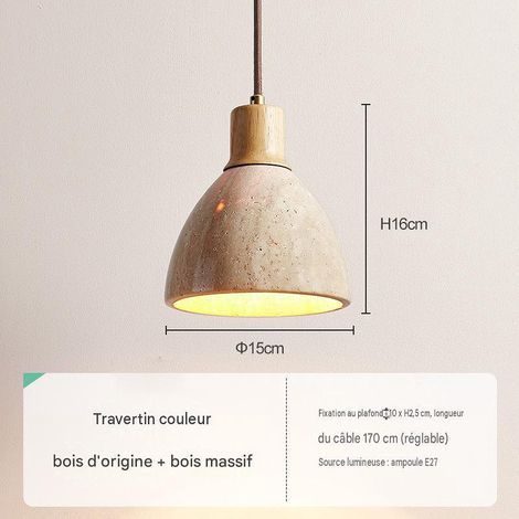 Suspension L bois naturel, pierre travertin noyer, douille E27 220V, LED chaud
