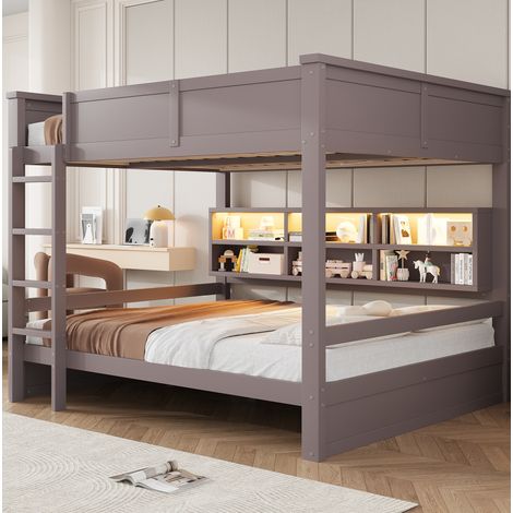 Lit superposé en pin massif et MDF brun 160x200 cm avec 6 rangements et éclairage LED (1/5)