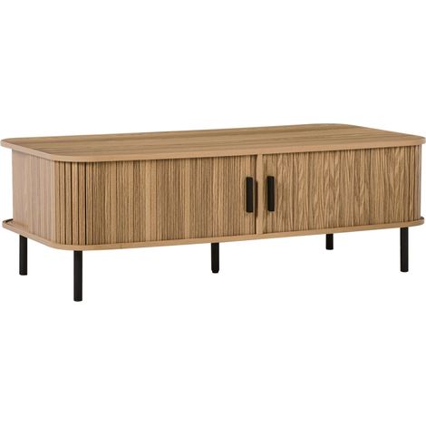 Coffee Table Light Brown Black Legs MDF Metal 120 x 60 cm Retro Sliding Cabinet Storage Living Room BRADLEY