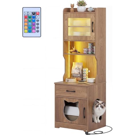 enceinte bac à litière chat étagères de rangement meuble toilette cachée station de charge lumière LED bois grande privée rustique ferme coin biblio