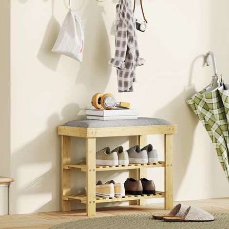 Schuhbank aus Bambus mit Kissen, 2-stöckiges Schuhregal für Eingangsbereich oder Schlafzimmer, 60 x 29 x 49 cm, Grau