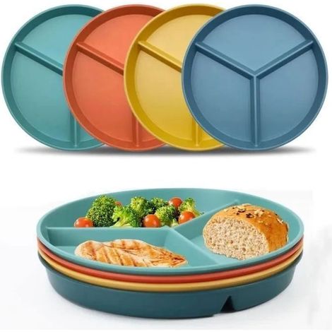 Set di 4 piatti a tre scomparti - senza BPA - resistenti - riutilizzabili - con divisori da 23 cm, adatti ad adulti e bambini. (1/5)