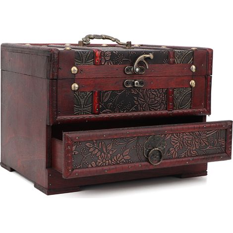 Boîte à bijoux vintage en bois avec miroir, idéale pour ranger colliers et boucles d'oreilles. (1/5)