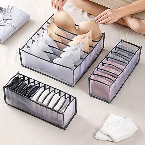 3 pièces - Organisateur de tiroir à lingerie - Organisateur de placard pliable - Pour soutiens-gorge, chaussettes, cravates - Boîtes de rangement - Gris (1/5)
