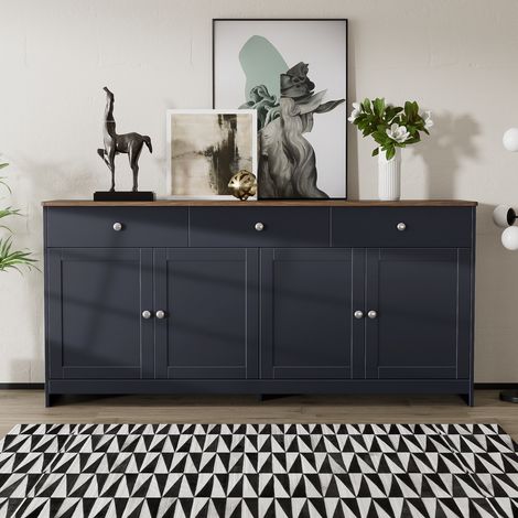 Eifson – Buffet en grain de bois 160x37x75 cm – 4 portes et 3 tiroirs – Étagères réglables – Style maison de campagne – Rangement pour salon et salle à manger (1/5)